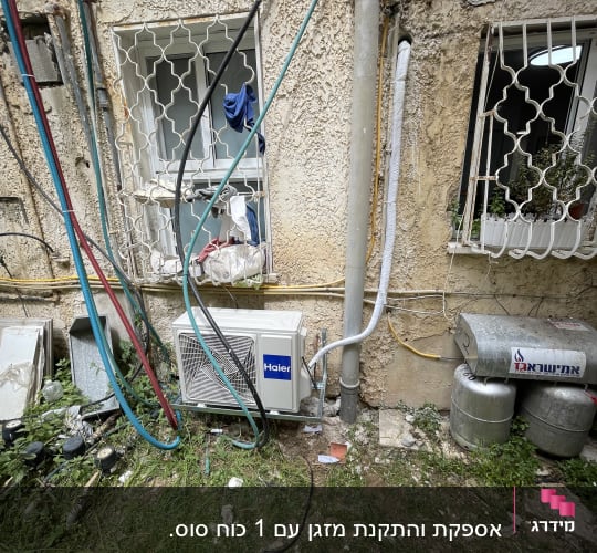 יחידת מזגן חיצונית מותקנת על קיר עם צינורות חשמל